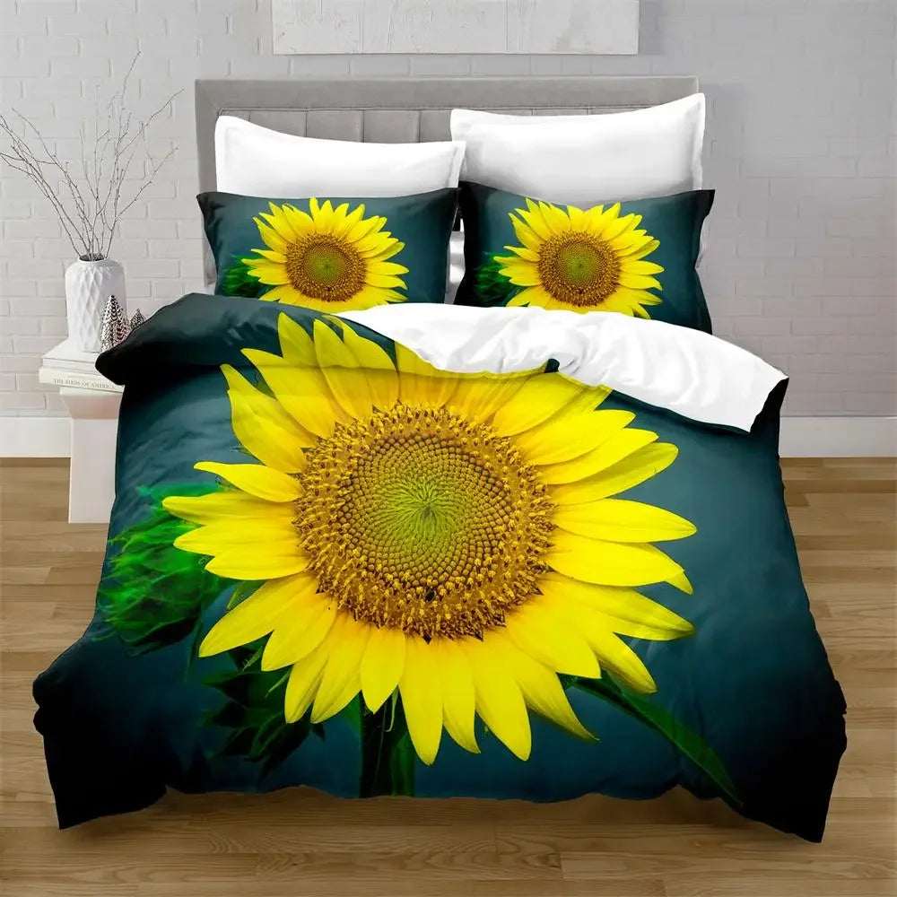 Juego de funda nórdica de girasol, flores amarillas, exuberantes girasoles en el campo, juego de cama de microfibra, estampado floral botánico, funda de edredón