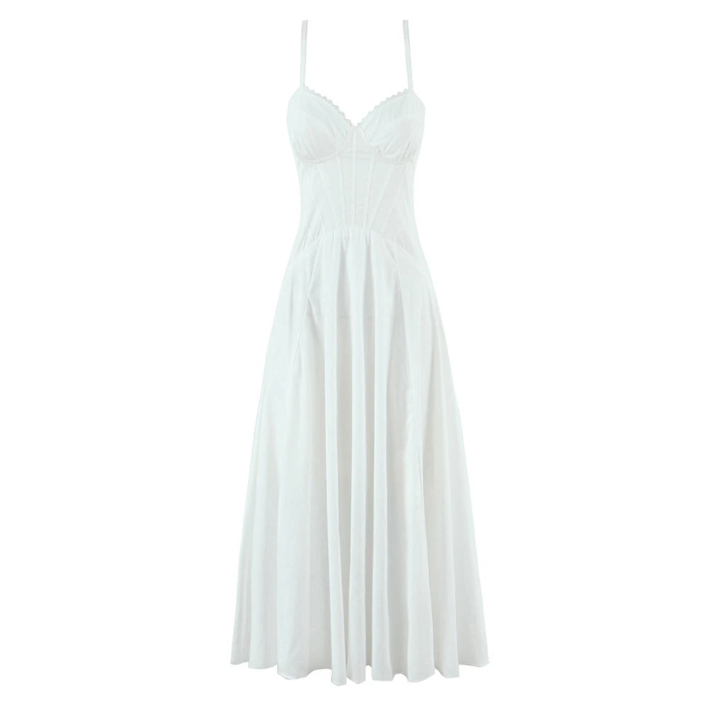 Women Dress New Fashion Summer Vintage White Lace-Panelled Cotton Dresses for Women Elegance Chic Ladies Midi Dress