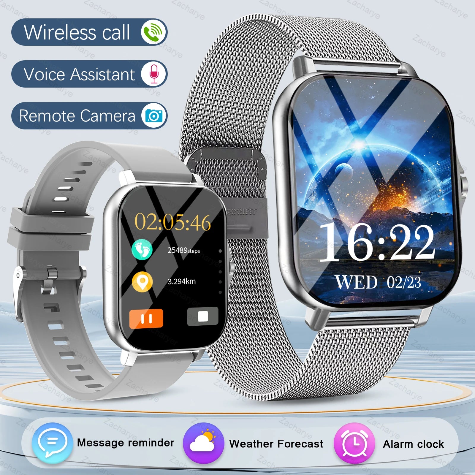 Smart fitness watch, wireless call, multiple exercise modes, SMS alerts, replaceable wallpaper, fitness tracker, outdoor sports