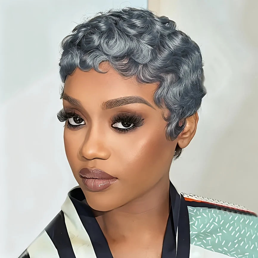 Grey Color Human Hair Wig Layered Short Curly Pixie Cut with Bangs Machine Made Wig Comfortable & Secure Fit