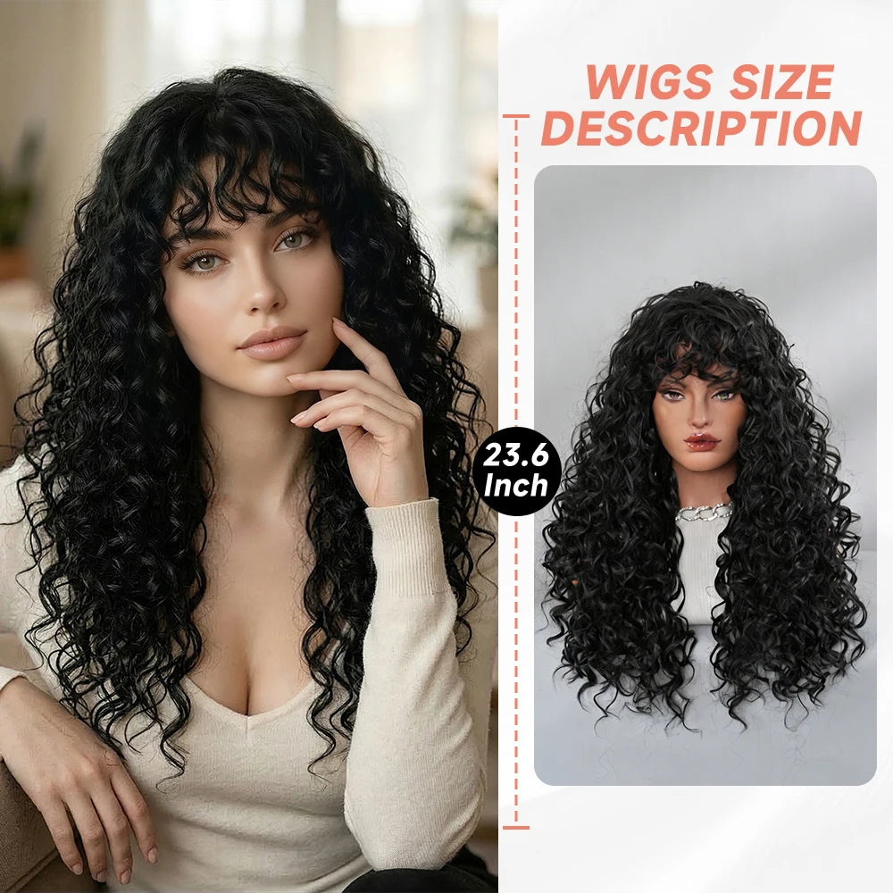 Deep Wave Black Wigs with Bangs Fluffy Long Curly Hair Wigs for Black Women White Women Natural Looking Heat Resistant Fiber