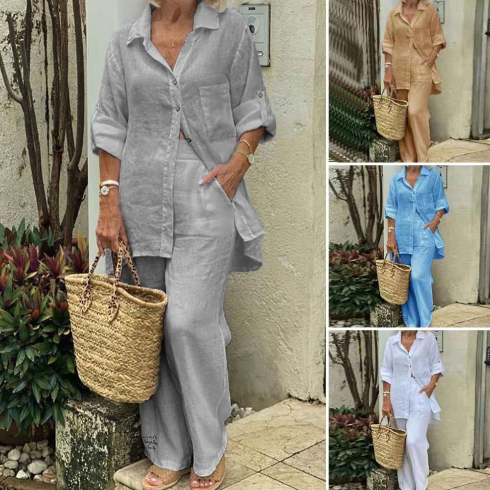 Women Pants Blouse Set Long Sleeve Solid Color Single-breasted Turn-down Collar Shirt Wide Leg Pants Suit Shirt Trousers Set