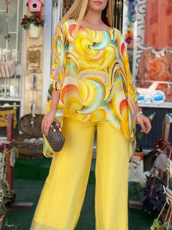 Women Fashion Trousers Two Piece Set For Women 2024 Summer Loose Casual Print Blouse Elegant 2 Piece Sets Woman Tops+Pants Suit