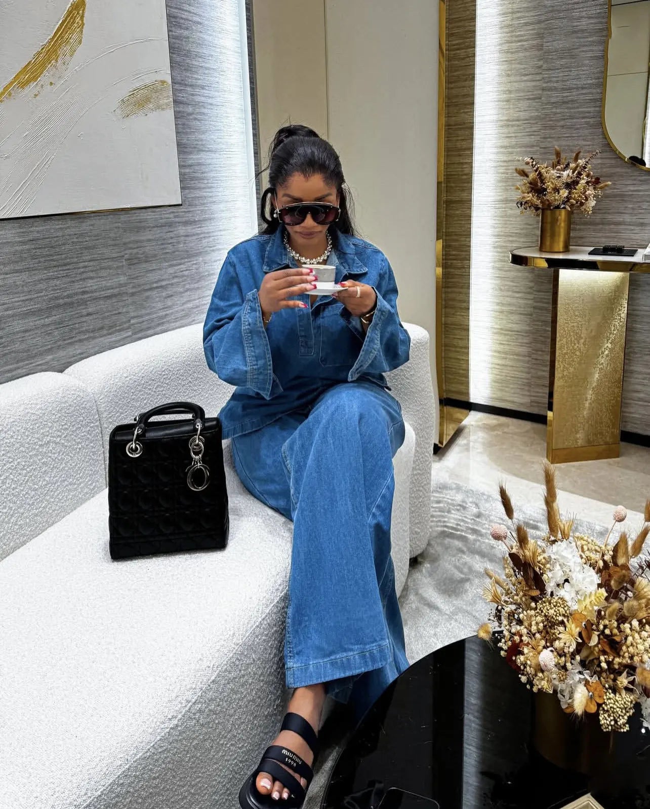 Denim Pant Set Women Two Piece Sets Turn Down Collar Mom Jeans Shirt Tops Wide Leg Long Pants Straight Trousers Y2k Streetwear