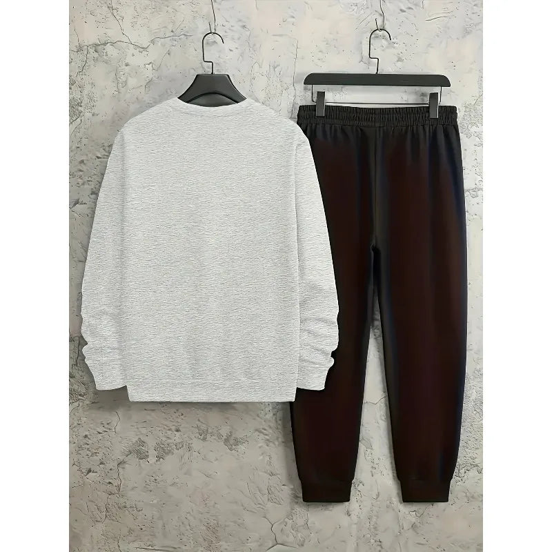 Fashionable Youth Street Culture Printed Men's Round Neck Hoodie And Pants Set, Autumn And Winter Casual Sportswear,