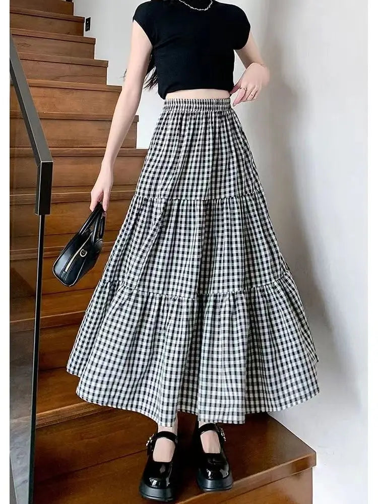 Jupe patchwork à volants pour femme, style vintage, à carreaux, taille haute, élastique, amincissante, mi-longue, été