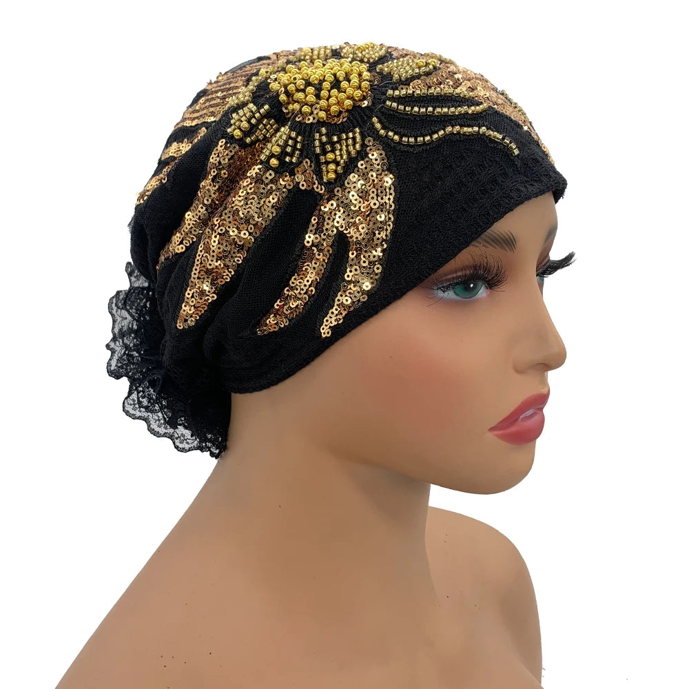 Luxury Diamonds Flower Lace Turban Hat Breathable Women Headscarf Headwear Bonnet Female Head Wraps Lady Beanie Hair Cover Cap