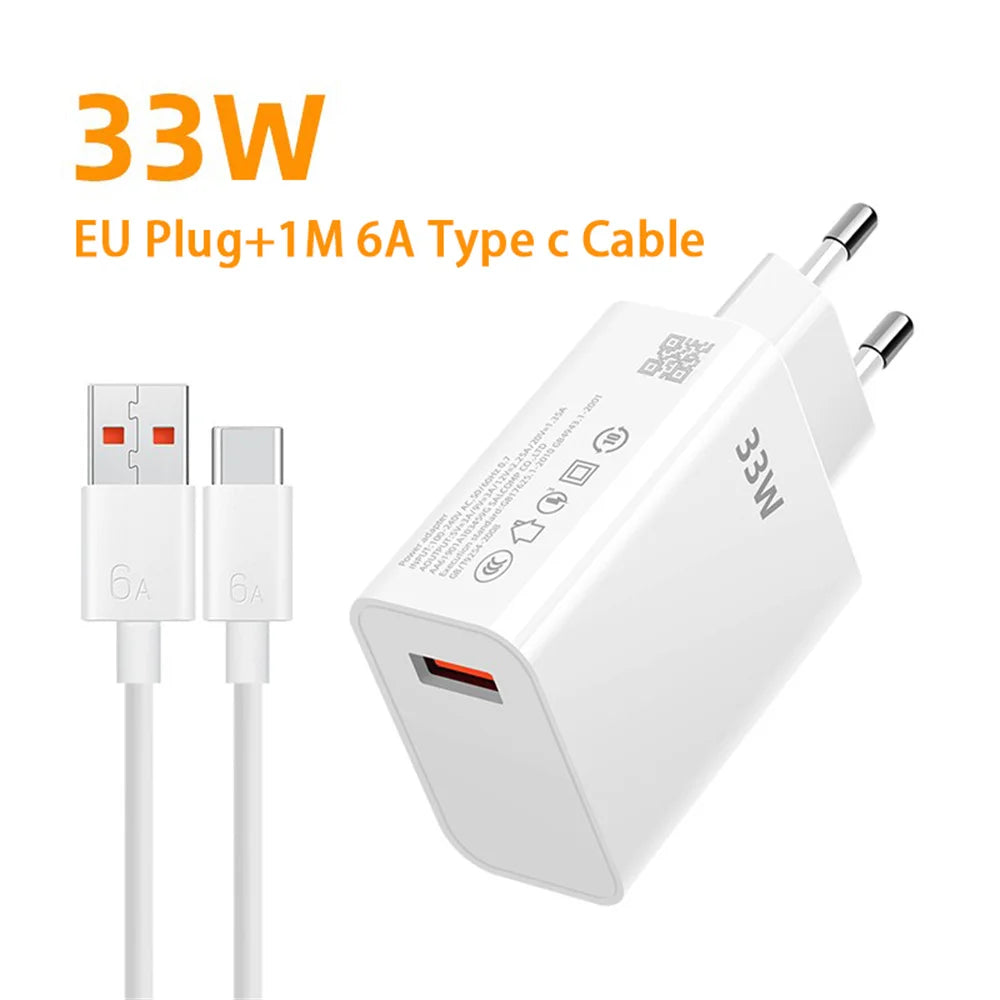 USB Charger 33W Fast Charging EU/US Plug Wall Charger 6A Type C Cable For Xiaomi 14 13 Redmi K30 K40 Quick Charge Phone Adapter