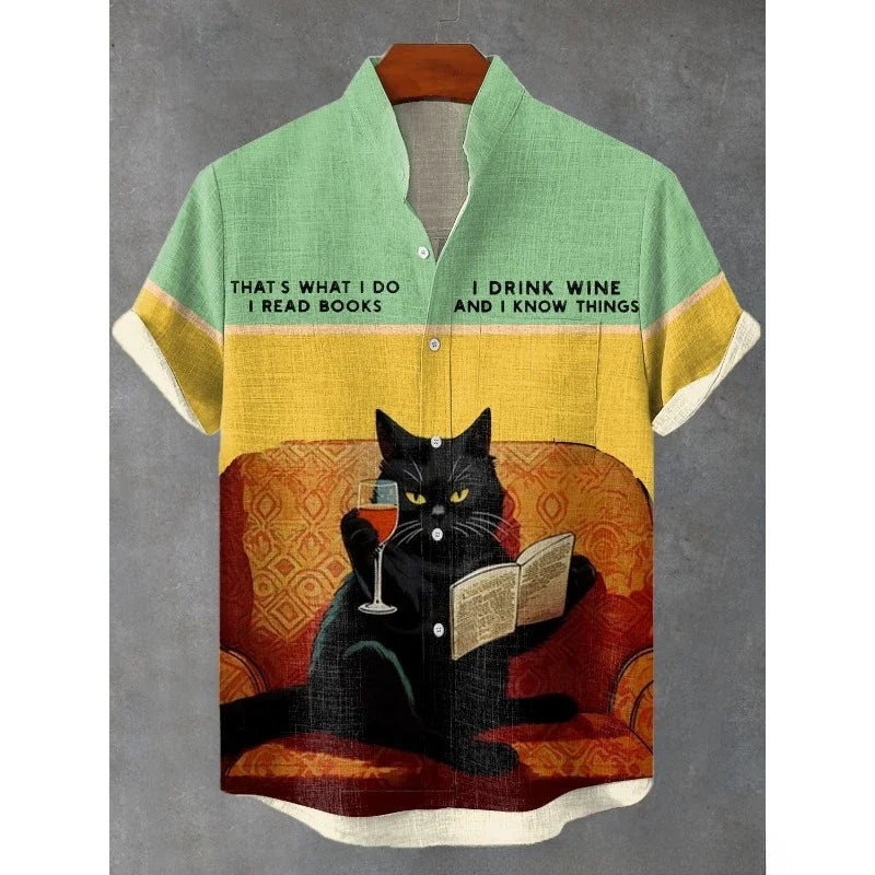 Men's I Must Be God Cat Drinking Red Wine Print Funny Harajuku Shirt Summer Hawaiian Shirts Harajuku Streetwear Casual Tops