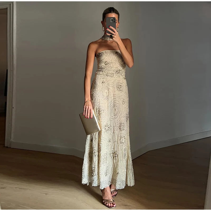Beach Tank Top Skirt Women's Set Beading Print Shawl Collar Sleeveless Tops Pleated Maxi Skirts 2025 Summer Fashion Lady Outfit