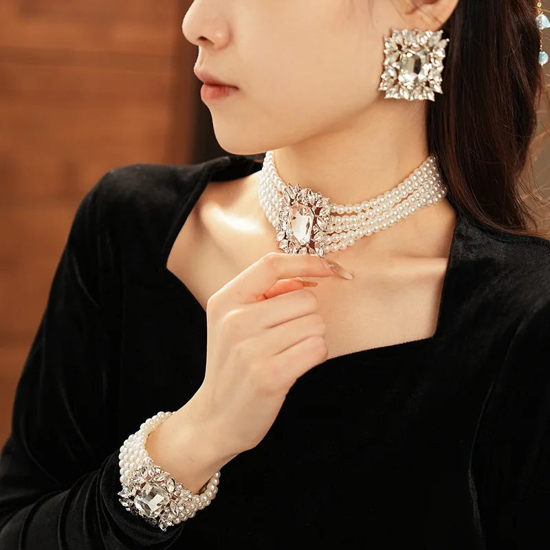 Inlaid Rhinestone Geometric Pearl Jewelry Set Women Beaded Choker Light Luxury Multi-layer Necklace Fashion High Sense Earring