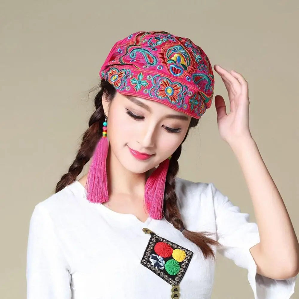 Fashion Embroidery Flowers Bandanas Mexican Style Ethnic Turban Hats Vintage Breathable Hair Cover Cap for Women