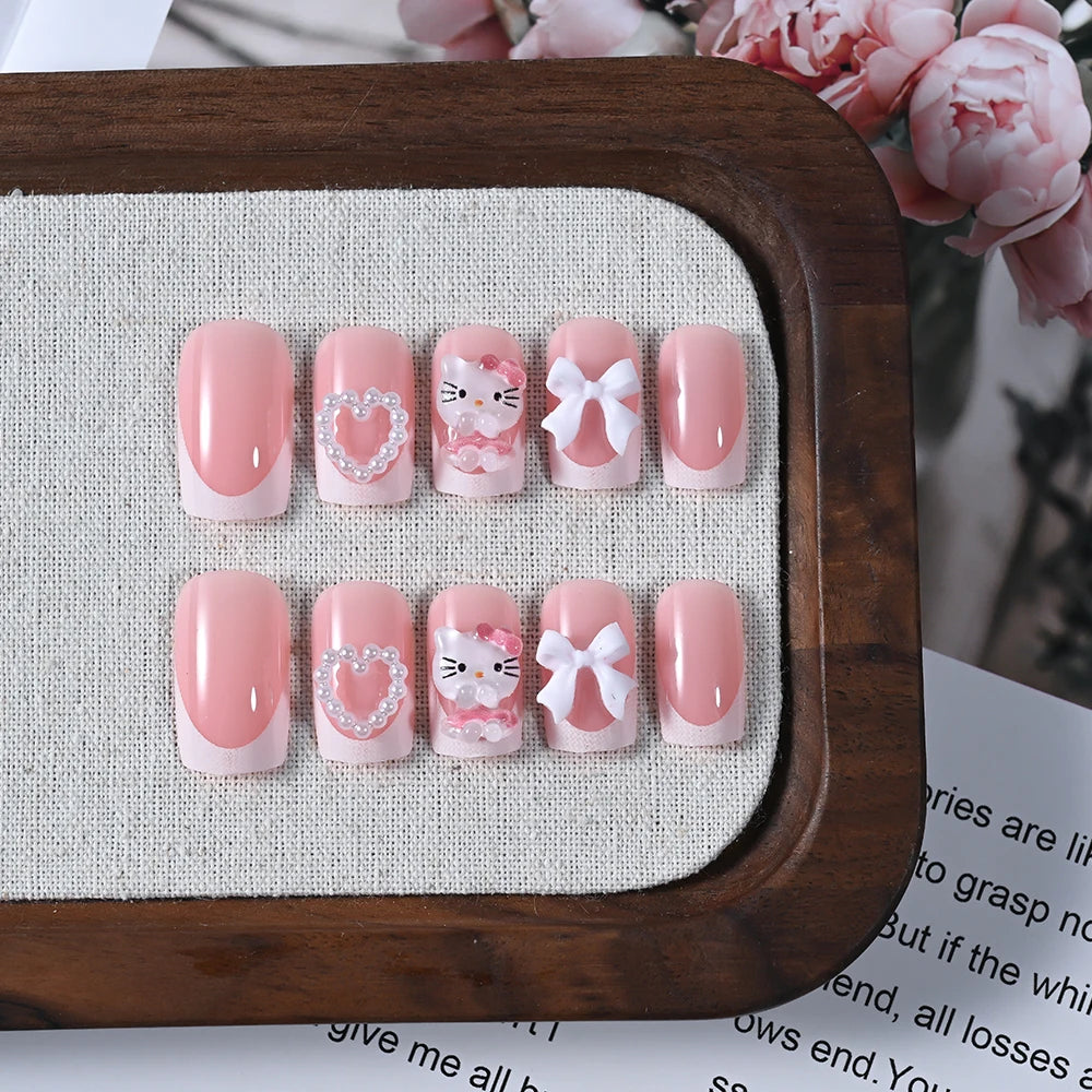 24pcs 3D Hello Kitty Heart Bow False Nails Pink-White French Press on Nails Medium Square Fake Nails for Daily/Party/Gathering *