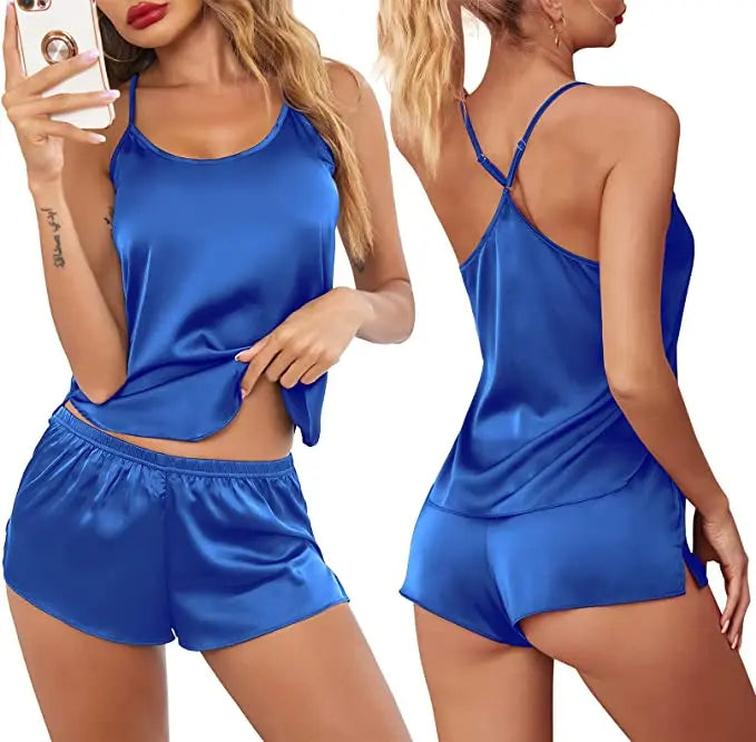 Conjuntos de pijama de satén y encaje sexy para mujer, ropa de dormir, tops sin mangas + pantalones cortos, conjuntos de 2 piezas de pijama para mujer