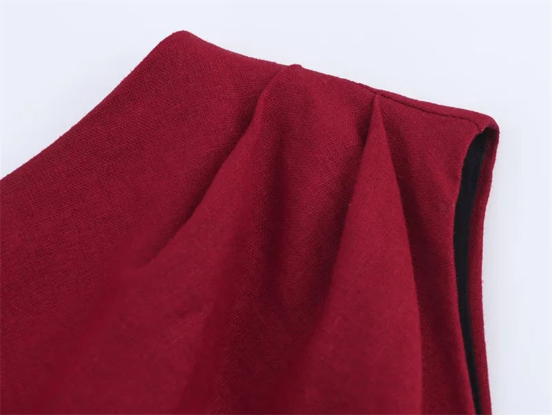 Women's New Dress Summer Red Linen Blend Pleated Midi Dress Irregular Collar Design Sexy Fashion Sense of Luxury