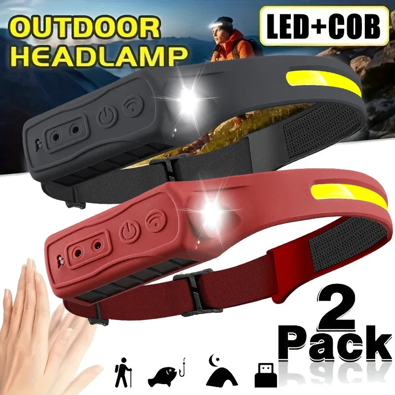 LED COB Sensor Headlamp Built-in Battery Type C Rechargeable 5 Modes Waterproof Head Torch Outdoor Camping Fishing Headlight