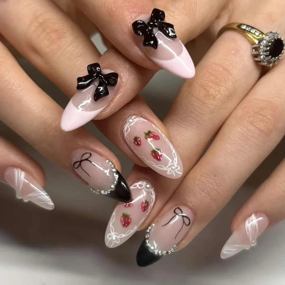 24Pcs Almond Press-On Nails in Pink Cat Eye with Heart & Strawberry Designs – Glossy Acrylic Stick-On Nails for Women & Girls