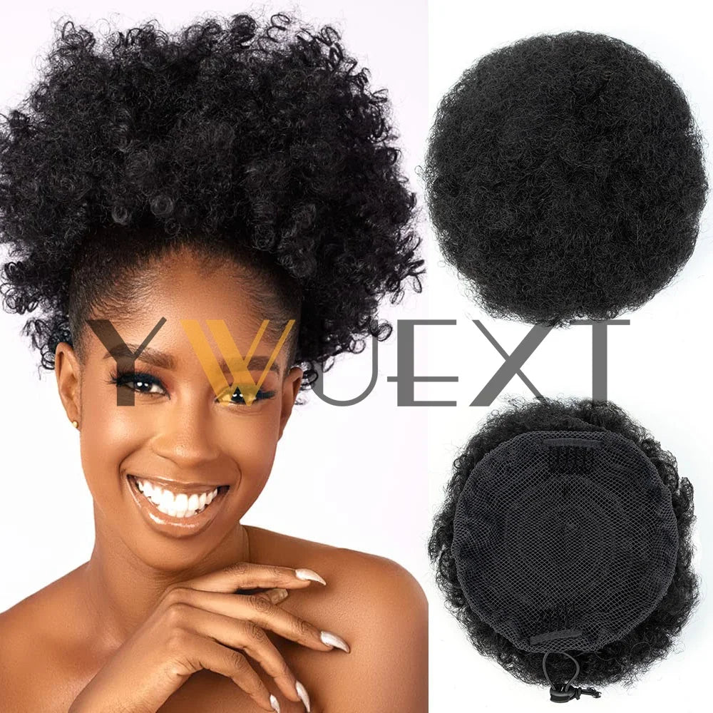 Afro Puff Ponytail 4-6 Inch Human Hair Puff Ponytail Hair Extensions Clip On Kinky Drawstring Curly Ponytail Bun Durable Natural Soft And Smooth Hairpiece Kinky Curly Bun Hair Clip In Drawstring Curly Ponytail Bun