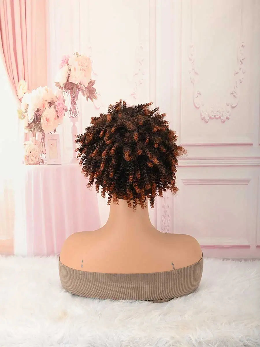 Headband Wig Curly Headband Wig With Bangs For Women Synthetic Afro Curly Hair Wig With Headband Attached Short Kinky Curly Afro High Puff With Bangs Stripes Short Red Curly Wigs with Bangs for Women, Natural Wavy Synthetic H