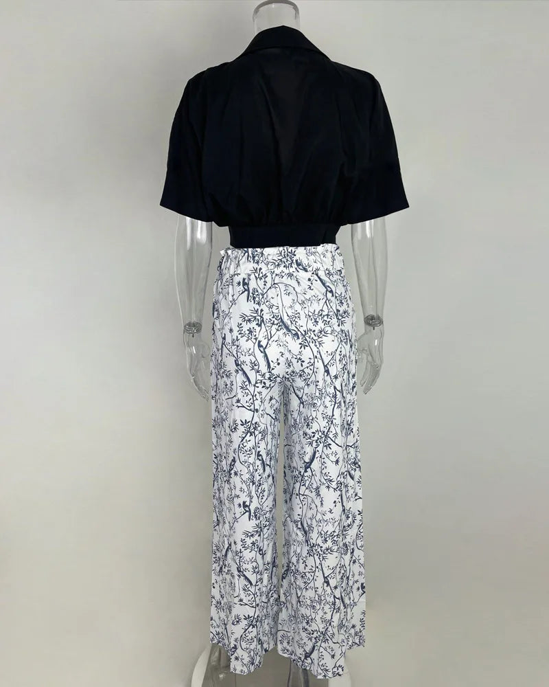 Women Bell Bottom Pants Sets Solid Color Half Sleeve V-neck Shirt Printed Top Wide Leg Pants Summer Fashion 2 Piece Set Clothing