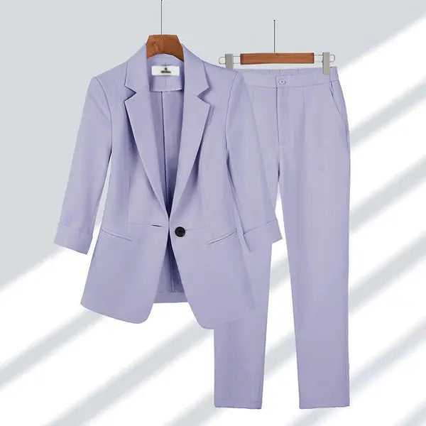 Trajes de pantalón y blazer para mujer, un botón, solapa, cárdigan, manga larga, bolsillos, oficina, estilo casual, pantalones lápiz sólidos