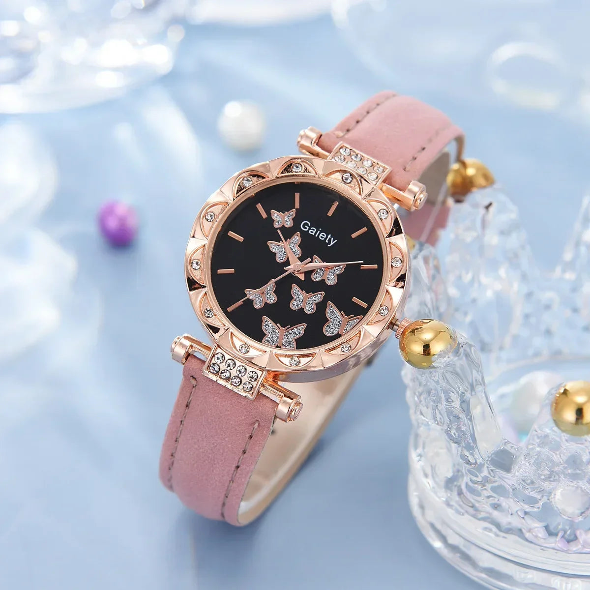 Conjunto de Reloj, Anillo, Collar, Pendientes y Pulsera para Mujer Relojes de Mariposa con Correa de Cuero reloj de señora relogios feminino reloj mujer