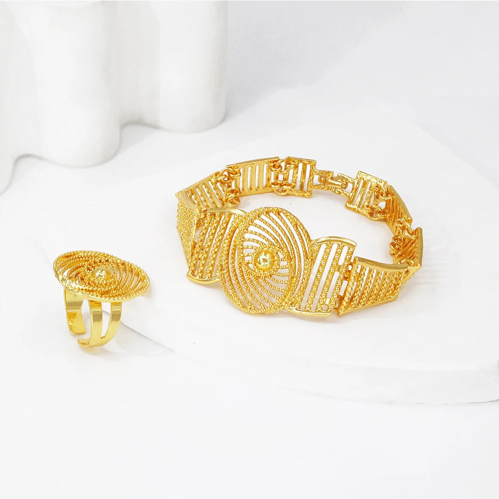 African Wedding Jewelry Set Exaggerated Design Necklace Bracelet Earring Rings For Women Fashion Party Gift 18K Gold Plated