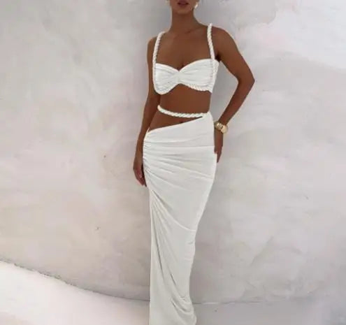 Skirt Set for Women's Fashion Spring Summer Latest Clothin Sexy Solid Color Backless Small Tank Top Hip Hugging Skirt Set