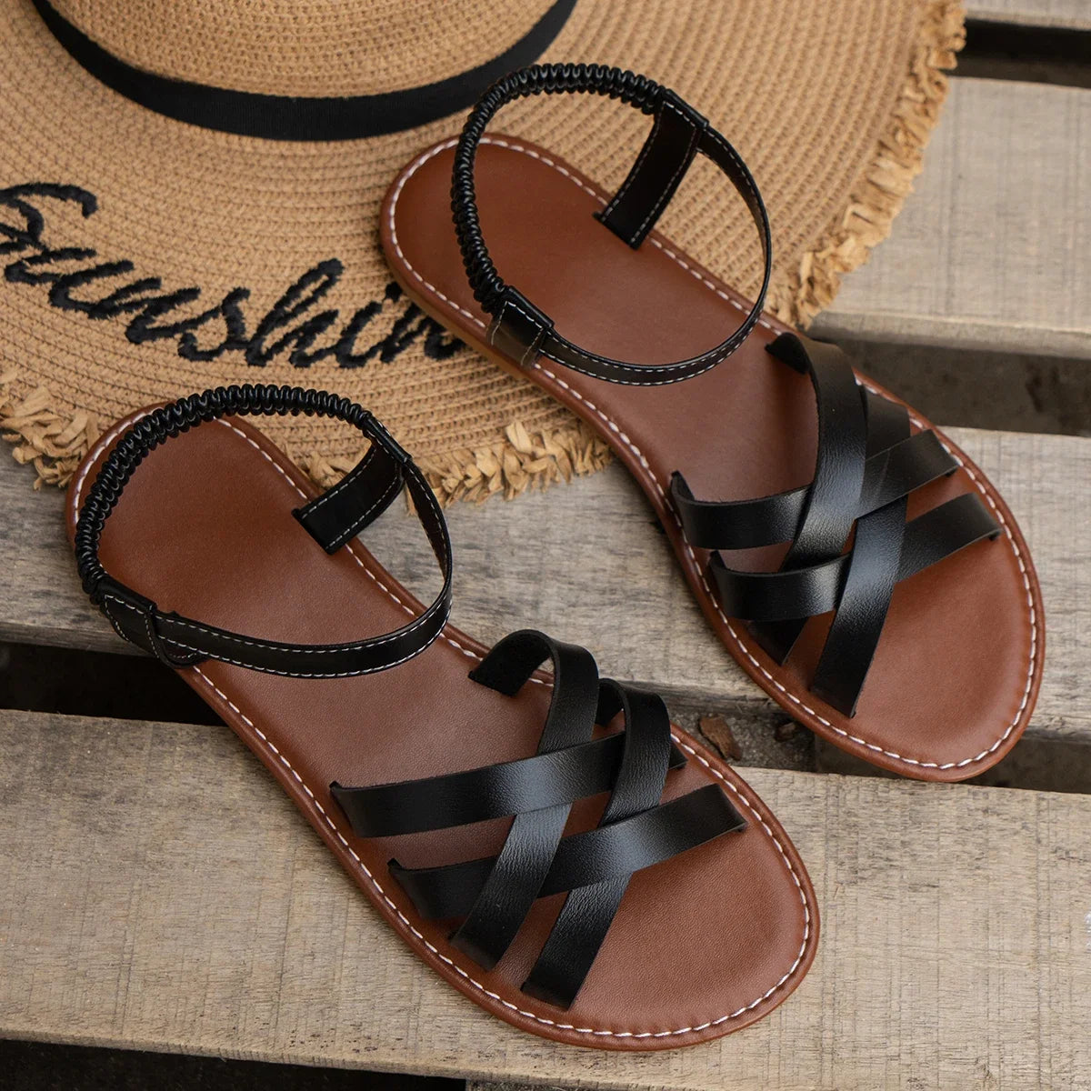 Shoes for Women Summer New Women Flat Sandals Bottom Roman Strap Sandals with Non Slip Rubber Soles Ladies Daily Sandalia
