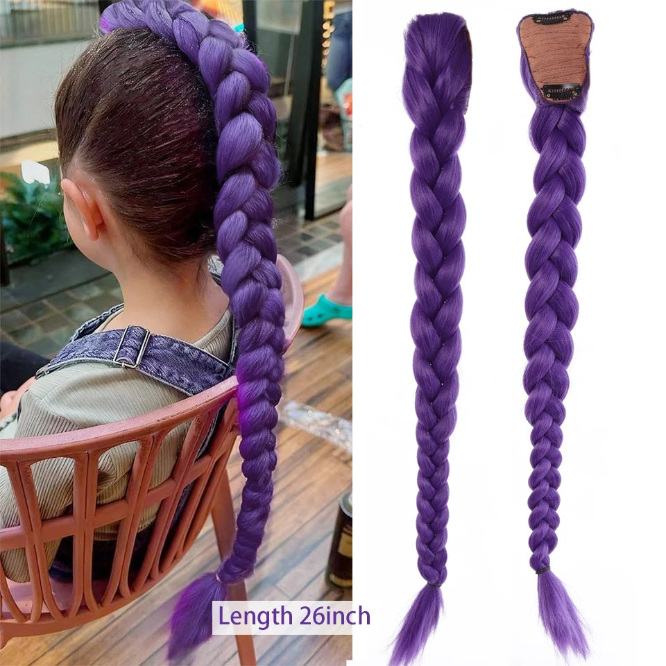 Synthetic Braided Purple Hair Ponytail Rumi Costume Hairstyle Long Ponytail with Rubber band and Clips for Kids Girls Christmas