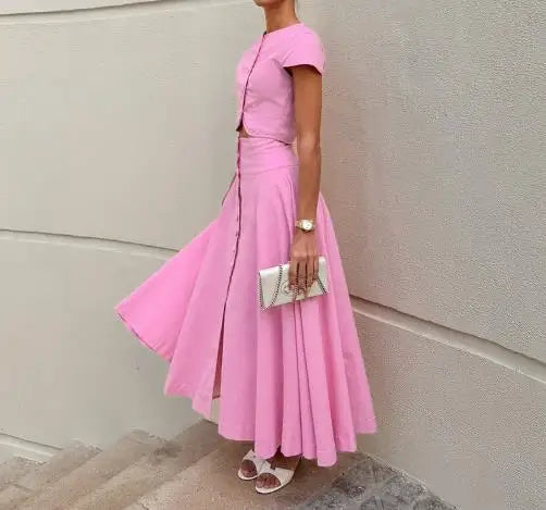 Skirts Sets Summer Sweet Pink Cotton High Waist V-Neck Skirt Set Fashion Women's Two Piece Set New Fashion Skirts Outfits