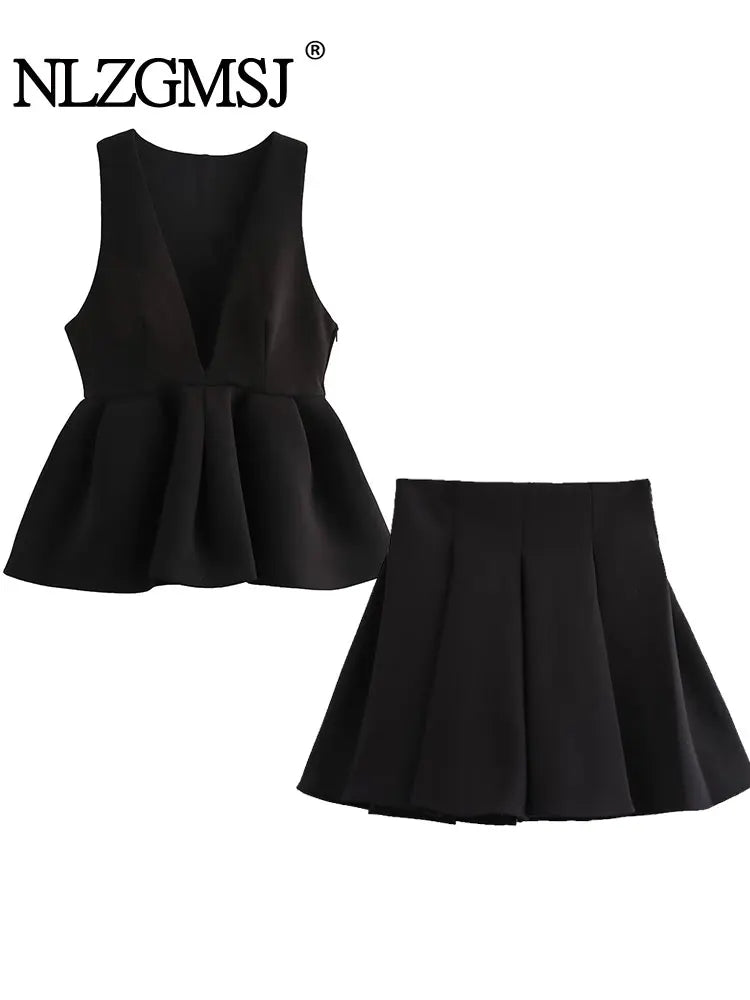 Women Wide Pleated Mini Skirt Sets Fashion V-neck Ruffles Vest Top Women's Two Piece Set Women Outfit