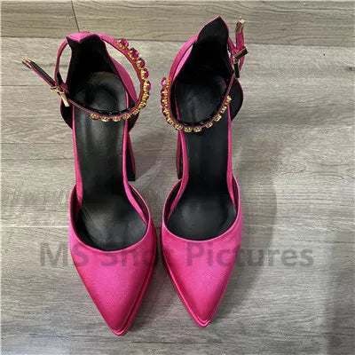 Luxury Women High Heel Shoes Platform Sandals Pointed Toe Woman Silk Pumps Sexy Rhinestone Buckle Chunky Heel Wedding Shoes 2024