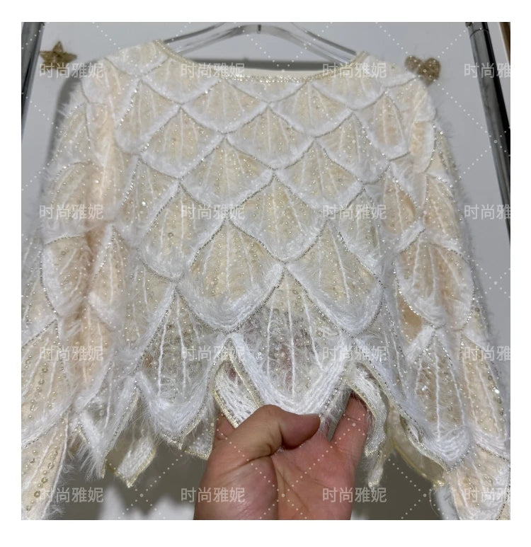 High-end Fashion Beaded Sequined Skirt Set 2025 Spring New Long-sleeved T-shirt Top High Waist Slim-fit Hip Skirt 2-piece Set
