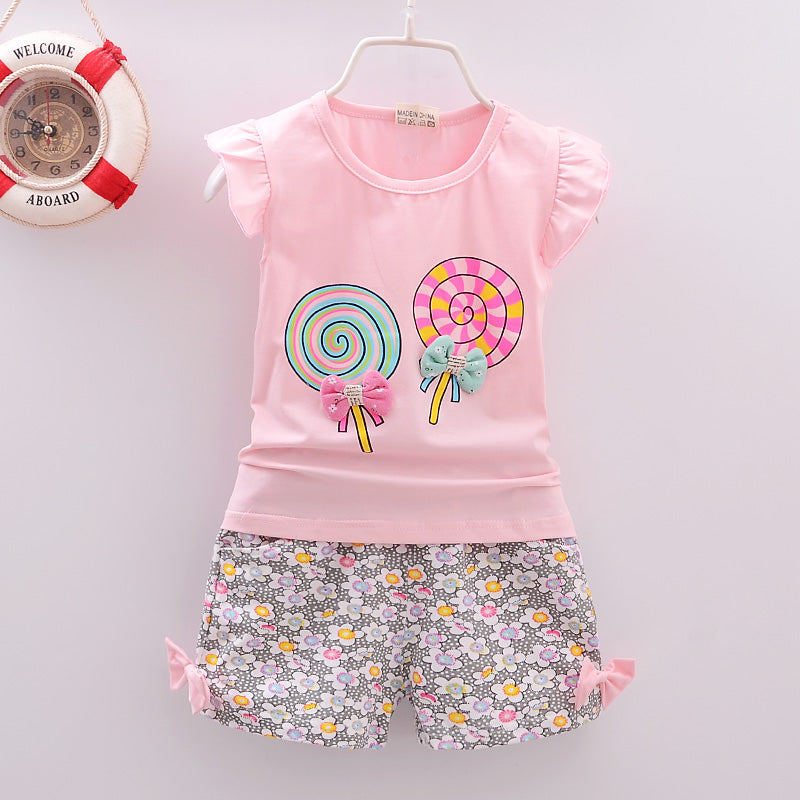 Conjuntos de ropa para bebé niña, camisetas, tops, pantalones cortos, conjuntos de ropa para niños pequeños, estampado de piruletas, ropa de verano para bebés