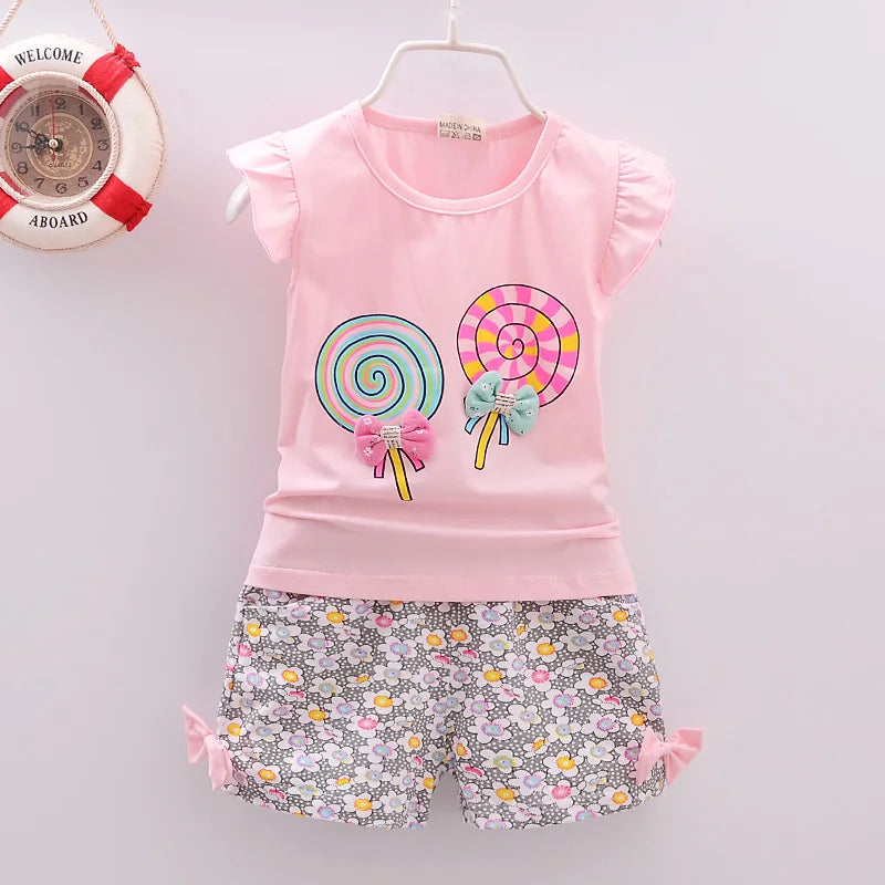 Conjuntos de ropa para bebé niña, camisetas, tops, pantalones cortos, conjuntos de ropa para niños pequeños, estampado de piruletas, ropa de verano para bebés