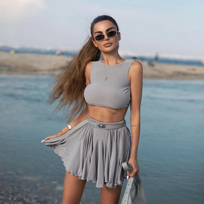 Pink Pleat Skirt Set Women Sexy Backless Tank Top and Mini Skirt Outfits Summer Elegant Solid Basic Casual Two Piece Set 2024