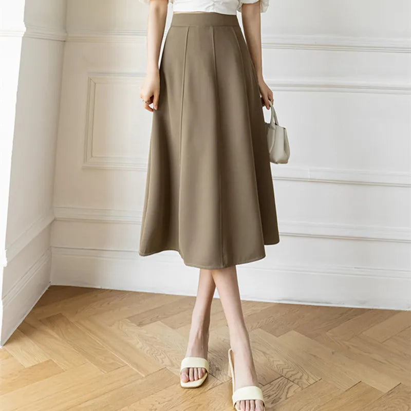 Women's Skirt Spring Women High Waist Solid Vintage Girl's Waist Down Skirt Knee-length A-line Fashion Thin Skirt for Women
