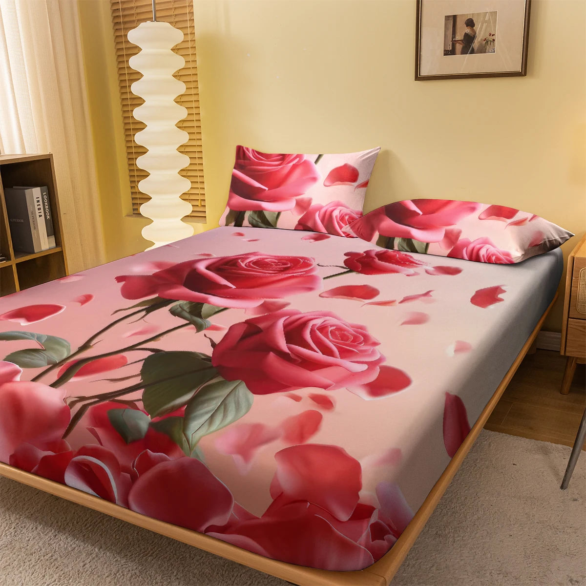 1 Simple modern Plant Flower Pink Rose digital printed frosted Fitted Sheet,bedroom printed bed cover,bedding(No pillowcase)
