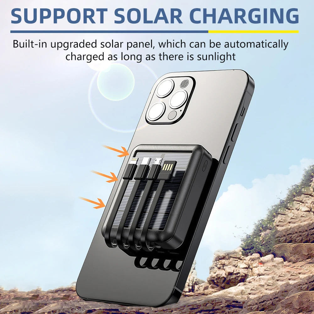20000mAh Solar Power Bank Dual USB 4 Cables Portable Large Capacity Charger Super Fast Charging USB TypeC Outdoor Power Bank