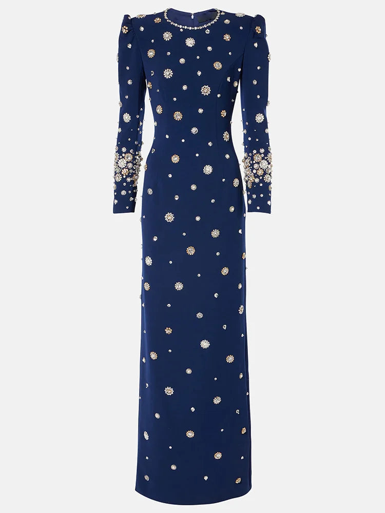 HIGH STREET Newest Fashion  Designer Party Vestido Women's Formal Long Sleeve Luxurious Beaded Long Maxi Dress