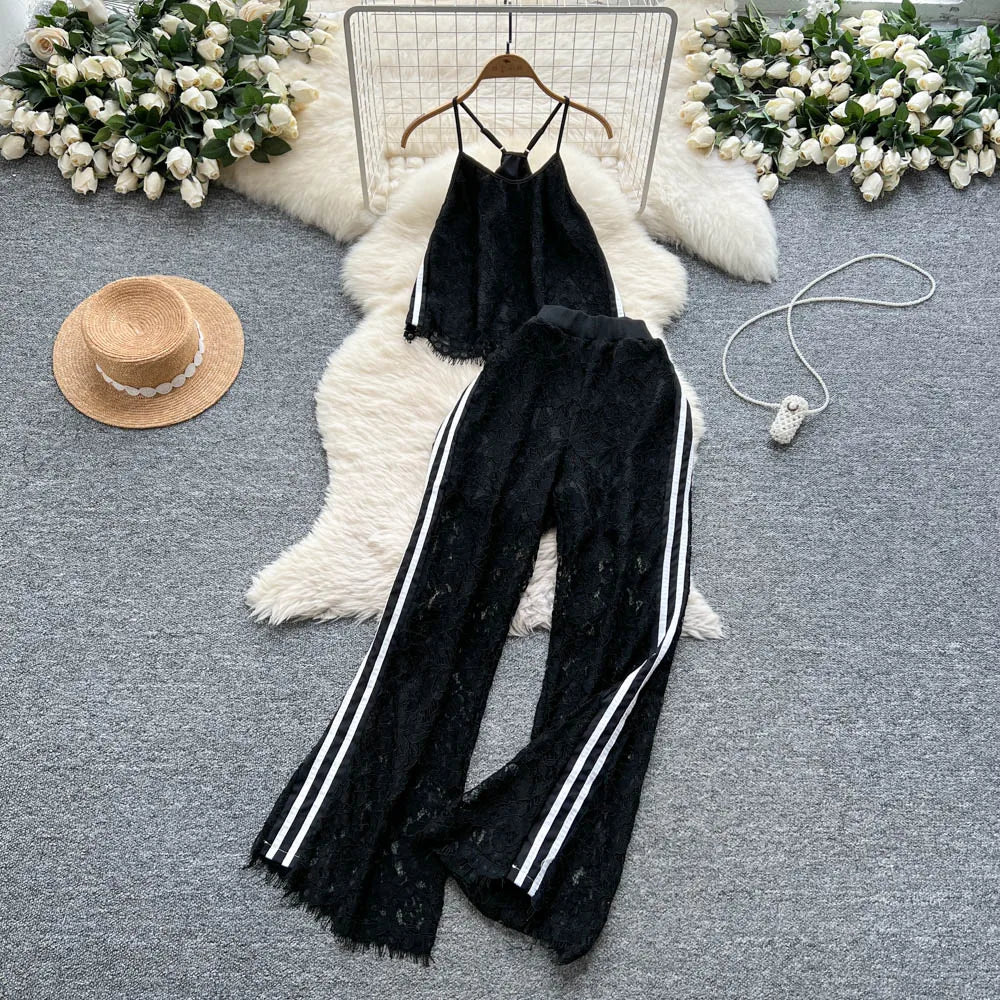 Women Two Pieces Sets Spliced lace Off Shoulder Slip Top and Fashion Hotsweet High Waist Elastic Waist  Wide Leg Pant Sets