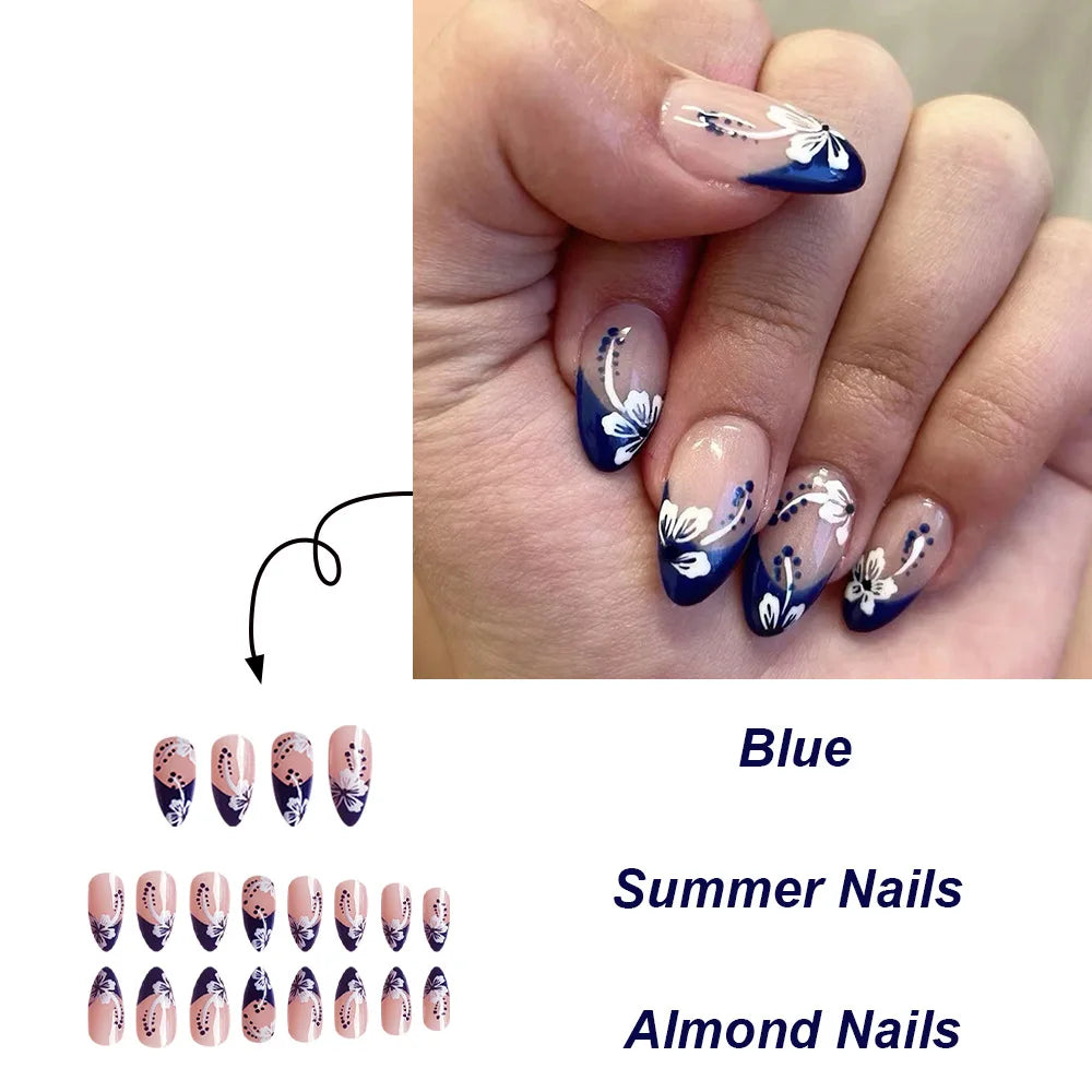 French Press on Fake Nails with Flowers Designs Summer Blue Short Almond False Nails Wearable French Full Cover Press on Nails