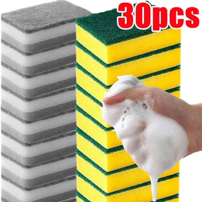 Lot de 30/5 éponges de nettoyage magiques double face réutilisables pour la cuisine, les casseroles, les plats, les tampons à récurer et les brosses