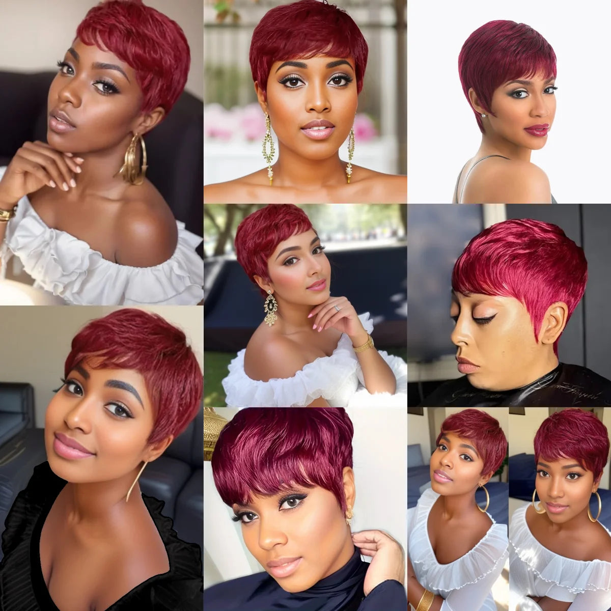 Short Layered Red Pixie Human Hair Wigs With Bangs Full Machine Made Wigs