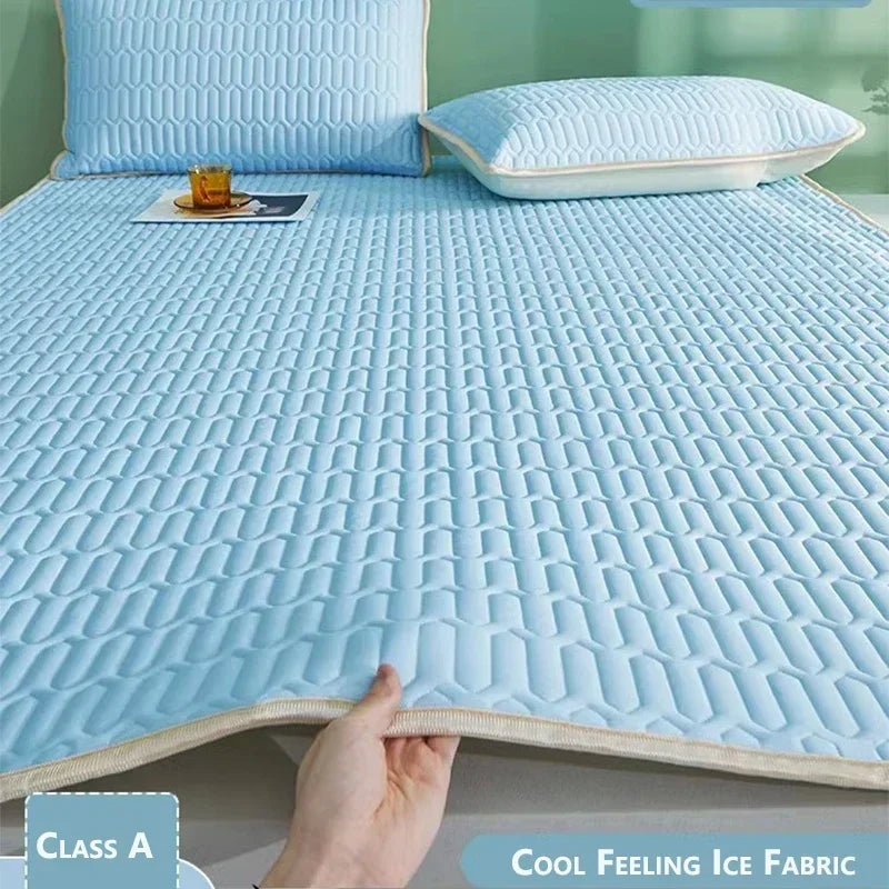 Cooling Bed Sheet Set with Pillowcases Ice Silk & Latex Quilted Breathable Cover Solid Summer Bedding Comfort & Heat Resistance