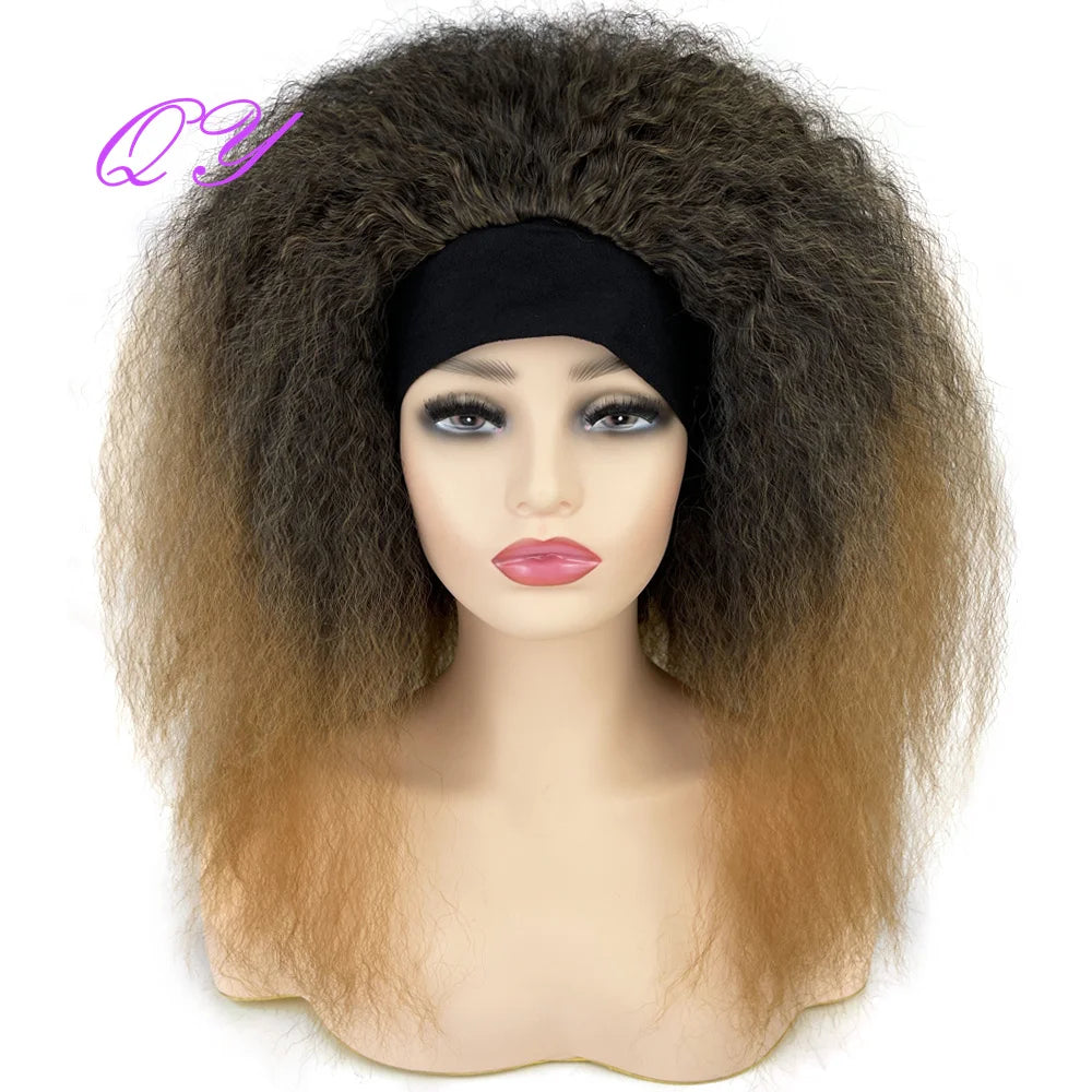 QY Hair Big Afro Kinky Curly Headband Wigs For Women Synthetic Hair Wigs Turban Wrap Hair Style