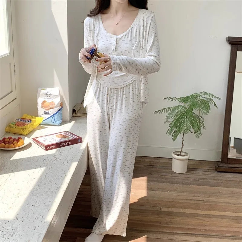Three-Piece Pajama Set for Women Floral Lace Sweet Cardigan Camisole Homewear Long Sleeves Long Pants Fancy Underwear Ladies