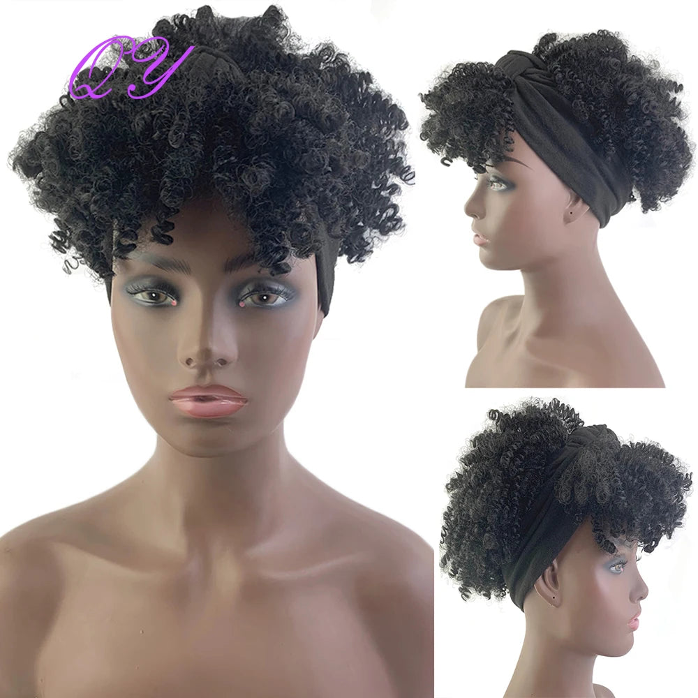 QY Hair Big Afro Kinky Curly Headband Wigs For Women Synthetic Hair Wigs Turban Wrap Hair Style
