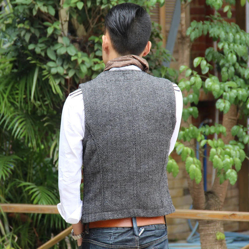 Vest Men's Casual Tooling Formal Herringbone Tweed Brown V Neck Wool Waistcoat Business Vest Groomsman For Wedding Prom